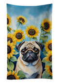 Pug in Sunflowers Kitchen Towel Velour Plush Front and Cotton Loop Back Machine Washable