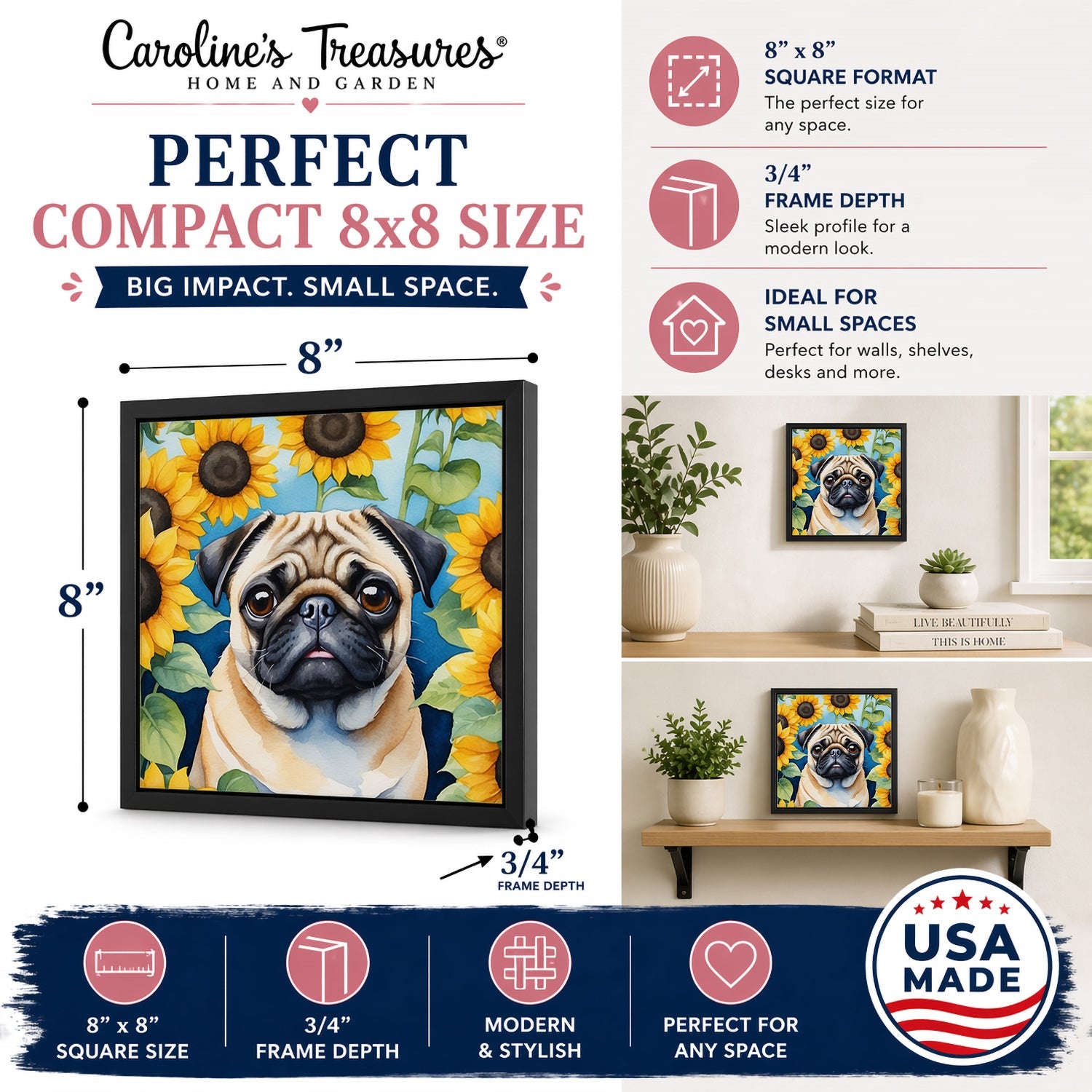Pug in Sunflowers Framed Metal Print Bathroom, Kitchen, Office, Home Decor Wall Art Ready to Hang, Square, 8X8