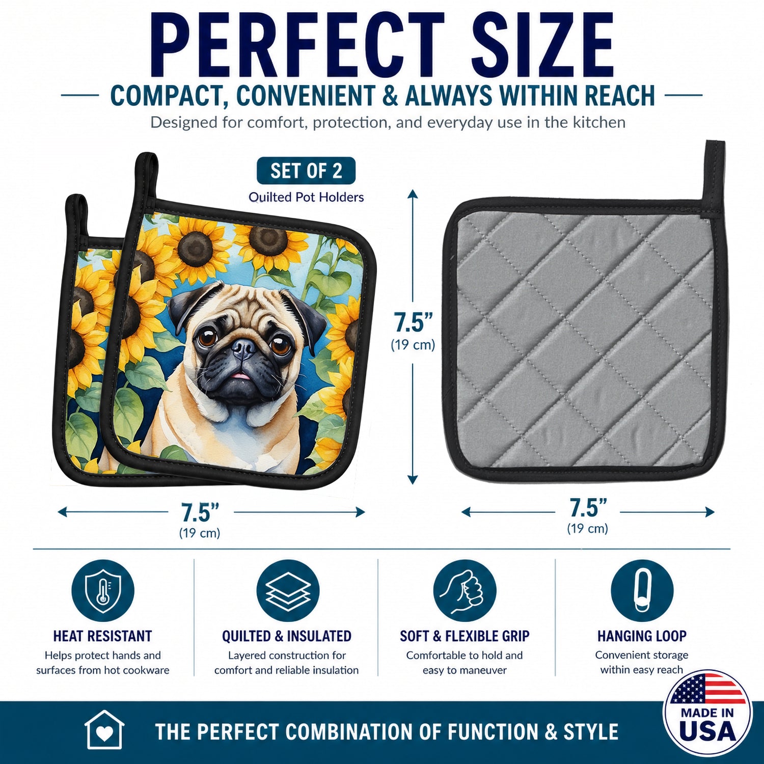 Pug in Sunflowers Pot Holder Set of 2 Heat Resistant Quilted Hot Pads 7.5 x 7.5 Inch, Insulated Kitchen Trivets for Cooking & Baking