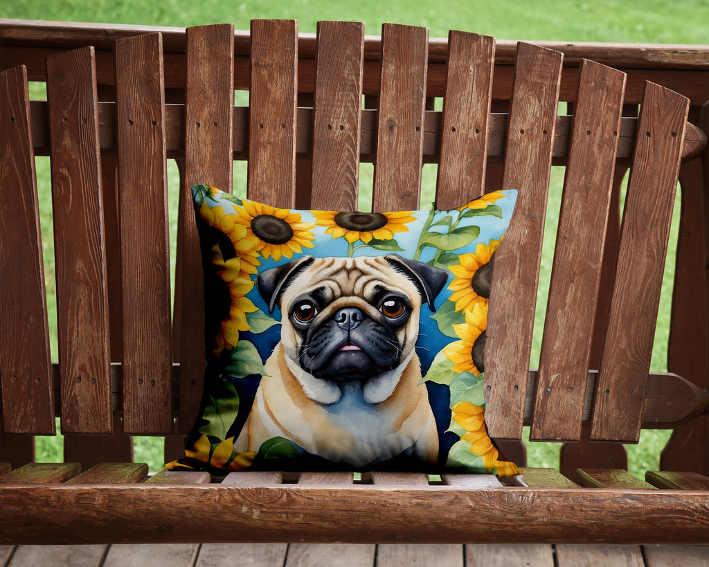 Pug in Sunflowers Decorative Throw Pillow 14x14 Indoor Outdoor Accent Cushion, Fabric Cover with Insert for Sofa, Bed, Porch & Living Room