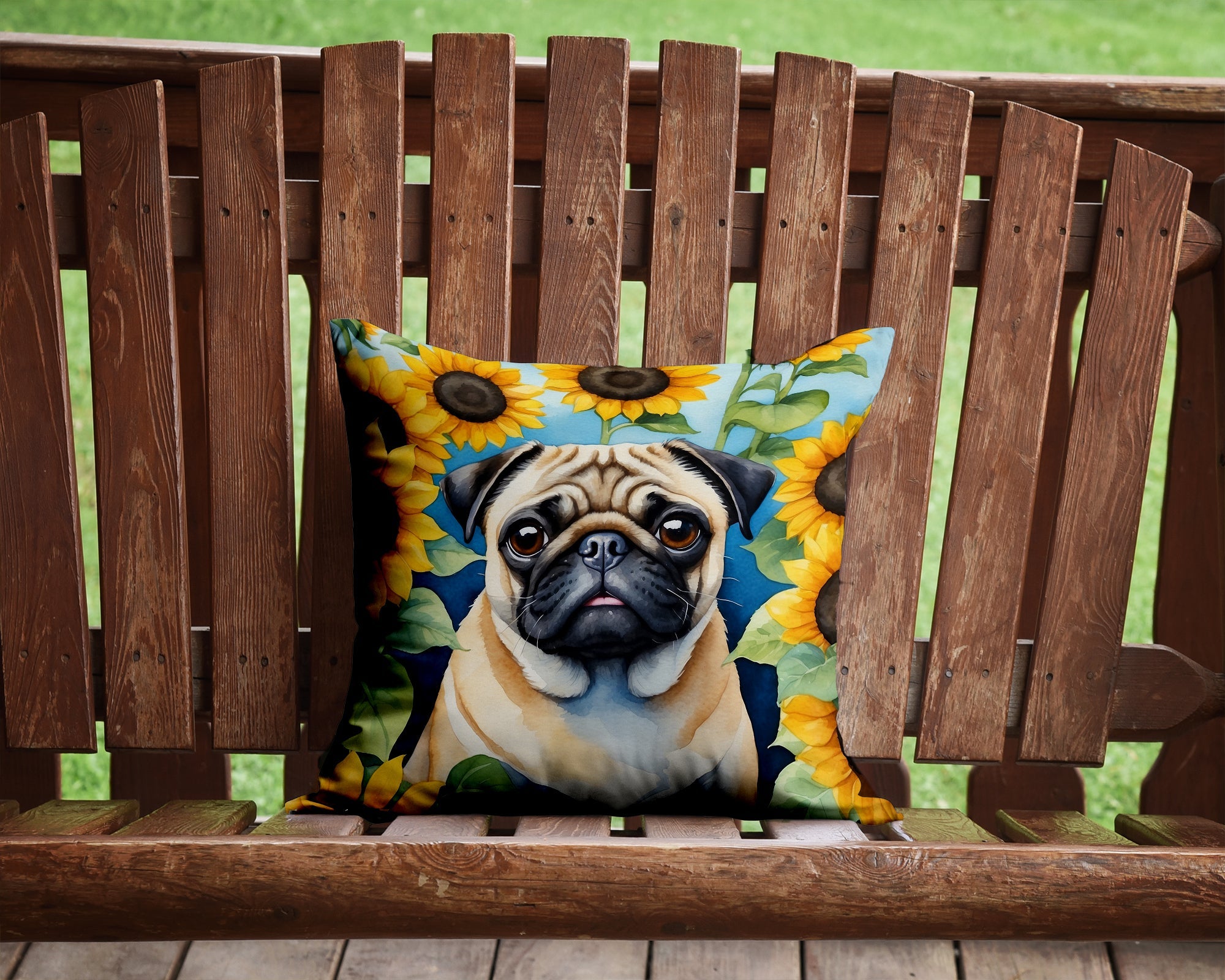 Pug in Sunflowers Decorative Throw Pillow 14x14 Indoor Outdoor Accent Cushion, Fabric Cover with Insert for Sofa, Bed, Porch & Living Room