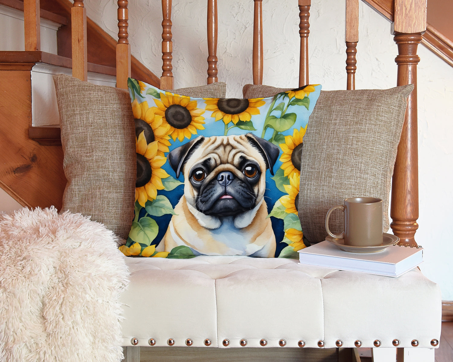 Pug in Sunflowers Decorative Throw Pillow 14x14 Indoor Outdoor Accent Cushion, Fabric Cover with Insert for Sofa, Bed, Porch & Living Room