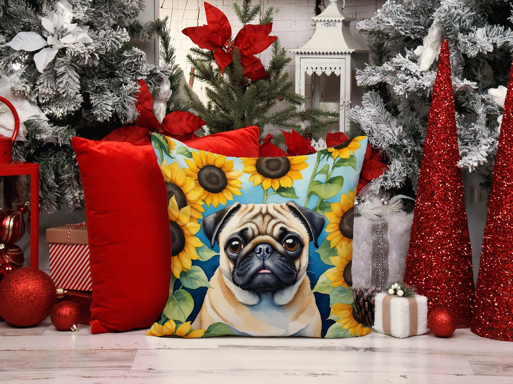 Pug in Sunflowers Decorative Throw Pillow 14x14 Indoor Outdoor Accent Cushion, Fabric Cover with Insert for Sofa, Bed, Porch & Living Room