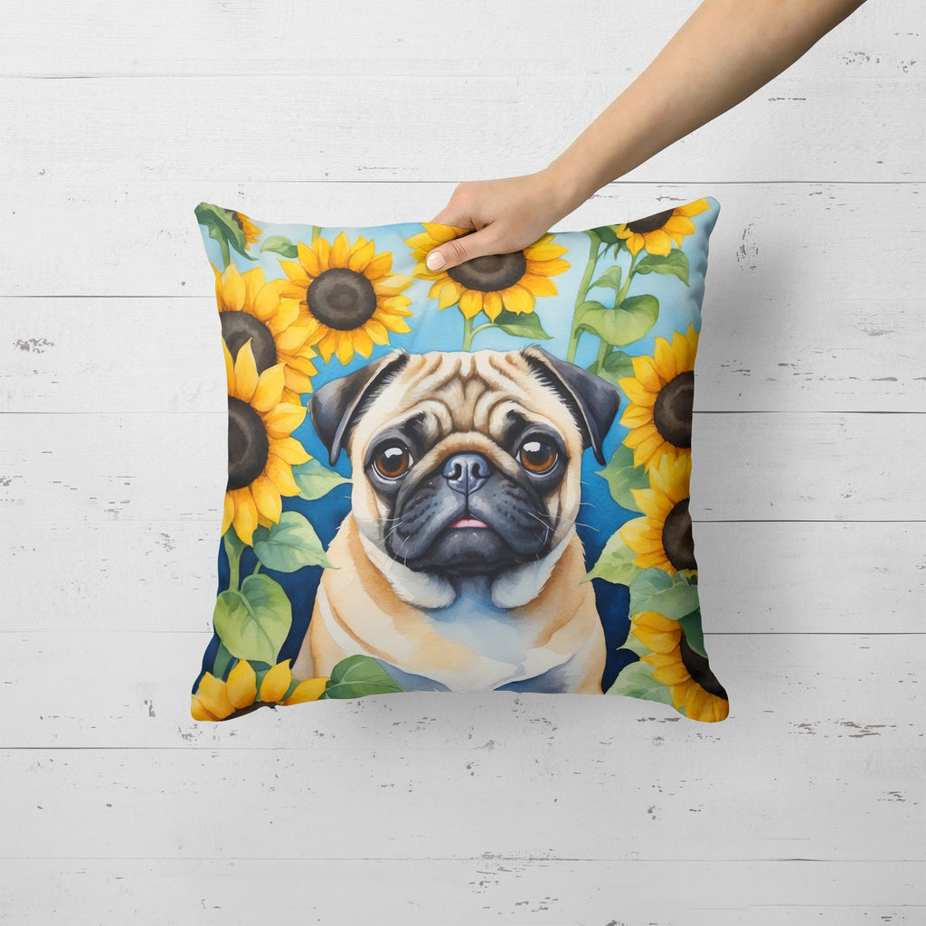 Pug in Sunflowers Decorative Throw Pillow 18x18 Indoor Outdoor Accent Cushion, Fabric Cover with Insert for Sofa, Bed, Porch & Living Room