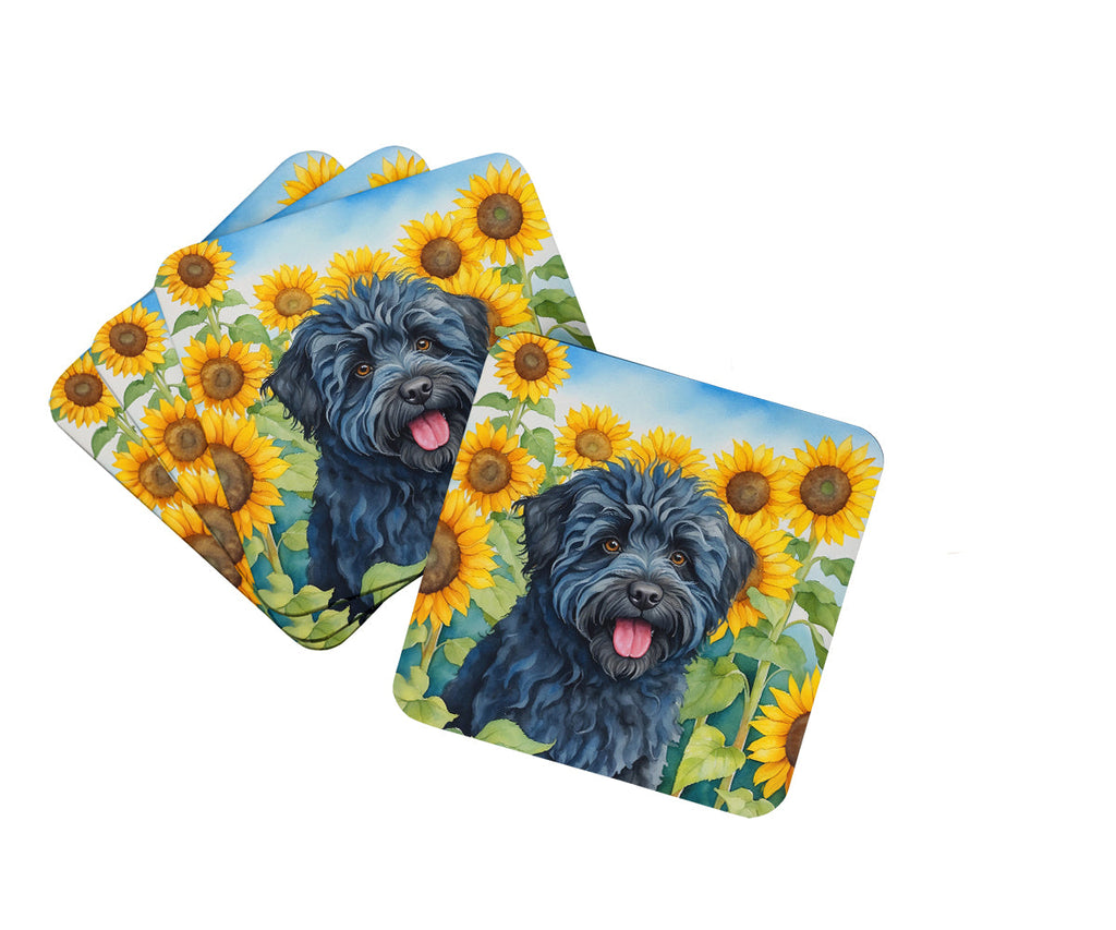 Puli in Sunflowers Foam Coasters Set of 4 Cup Coasters for Indoor Outdoor, Tabletop Protection, Anti Slip, Mouse pad Material