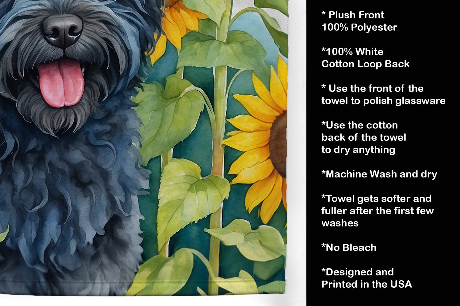 Puli in Sunflowers Kitchen Towel Velour Plush Front and Cotton Loop Back Machine Washable