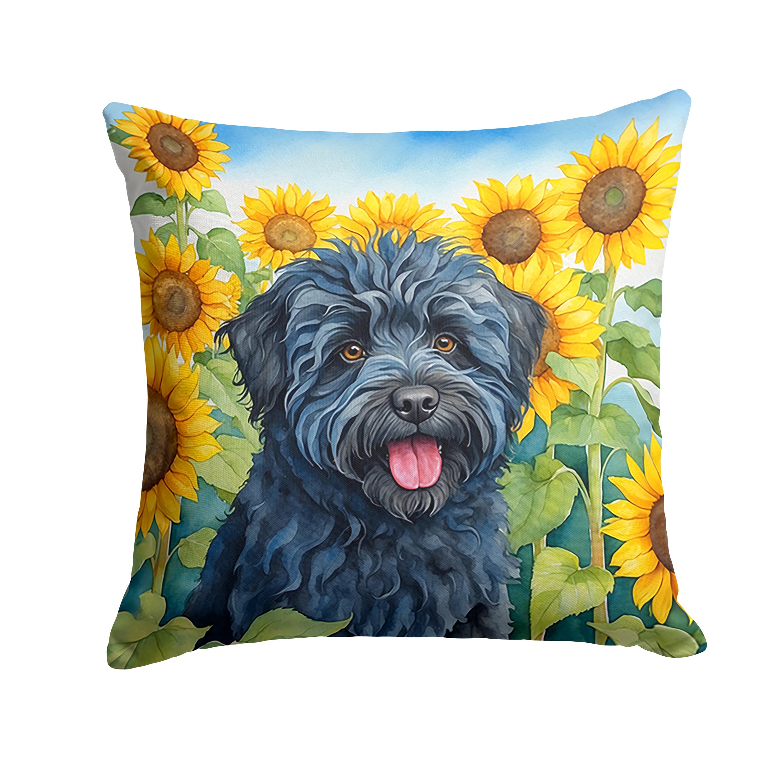 Puli in Sunflowers Decorative Throw Pillow 14x14 Indoor Outdoor Accent Cushion, Fabric Cover with Insert for Sofa, Bed, Porch & Living Room