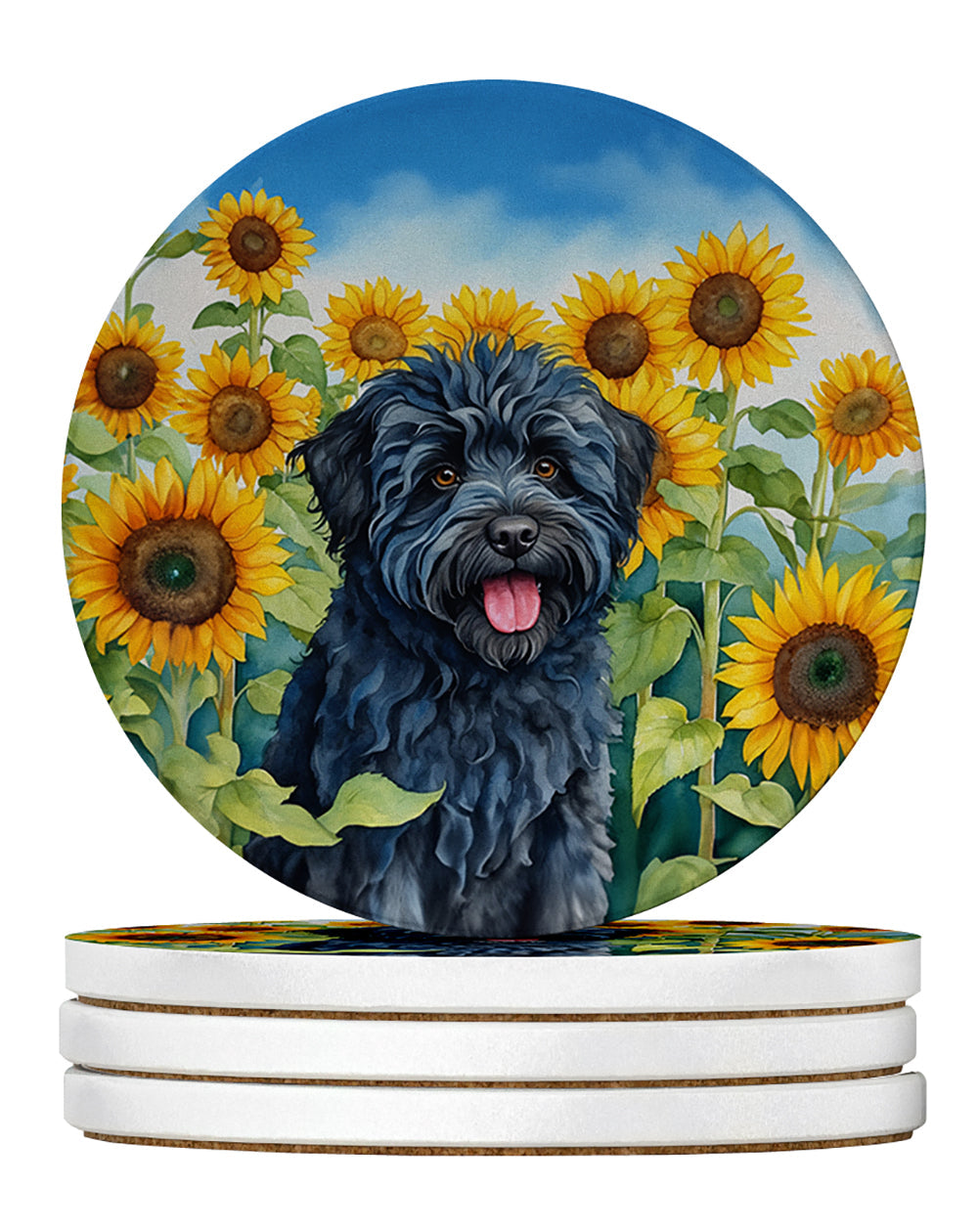 Puli in Sunflowers Large Sandstone Coasters Pack of 4 Absorbent Round Coasters Decor Gifts for Men or Women, 4 in, Multicolor