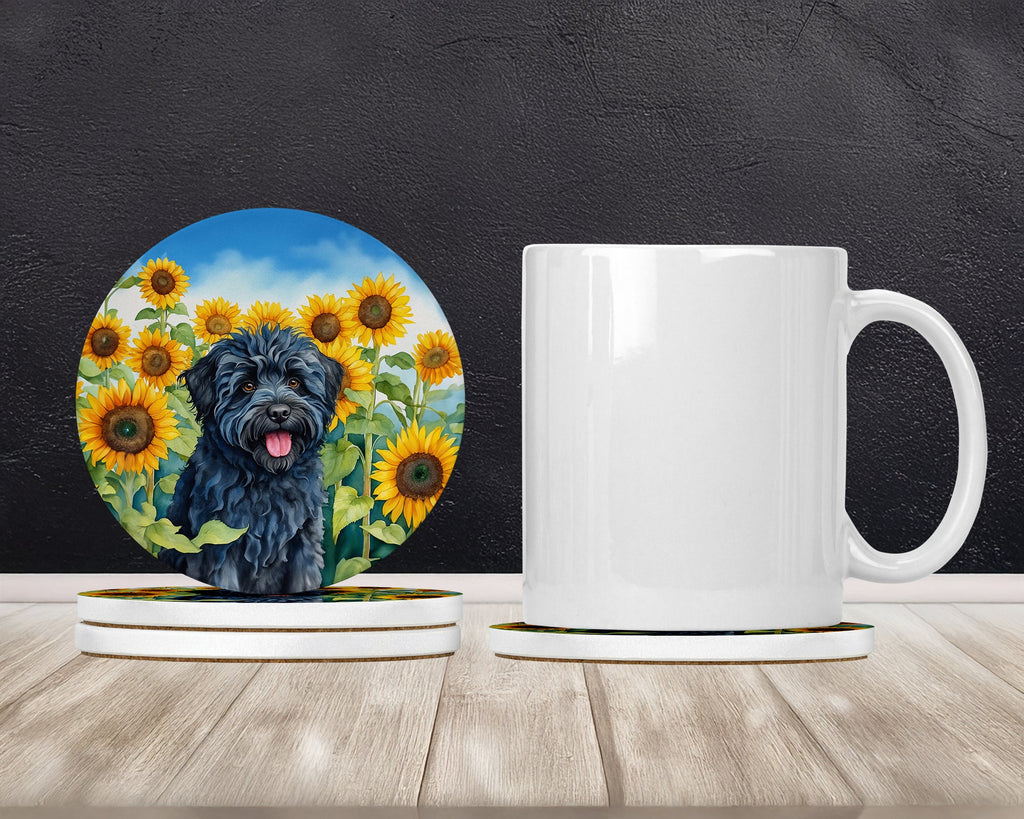 Puli in Sunflowers Large Sandstone Coasters Pack of 4 Absorbent Round Coasters Decor Gifts for Men or Women, 4 in, Multicolor