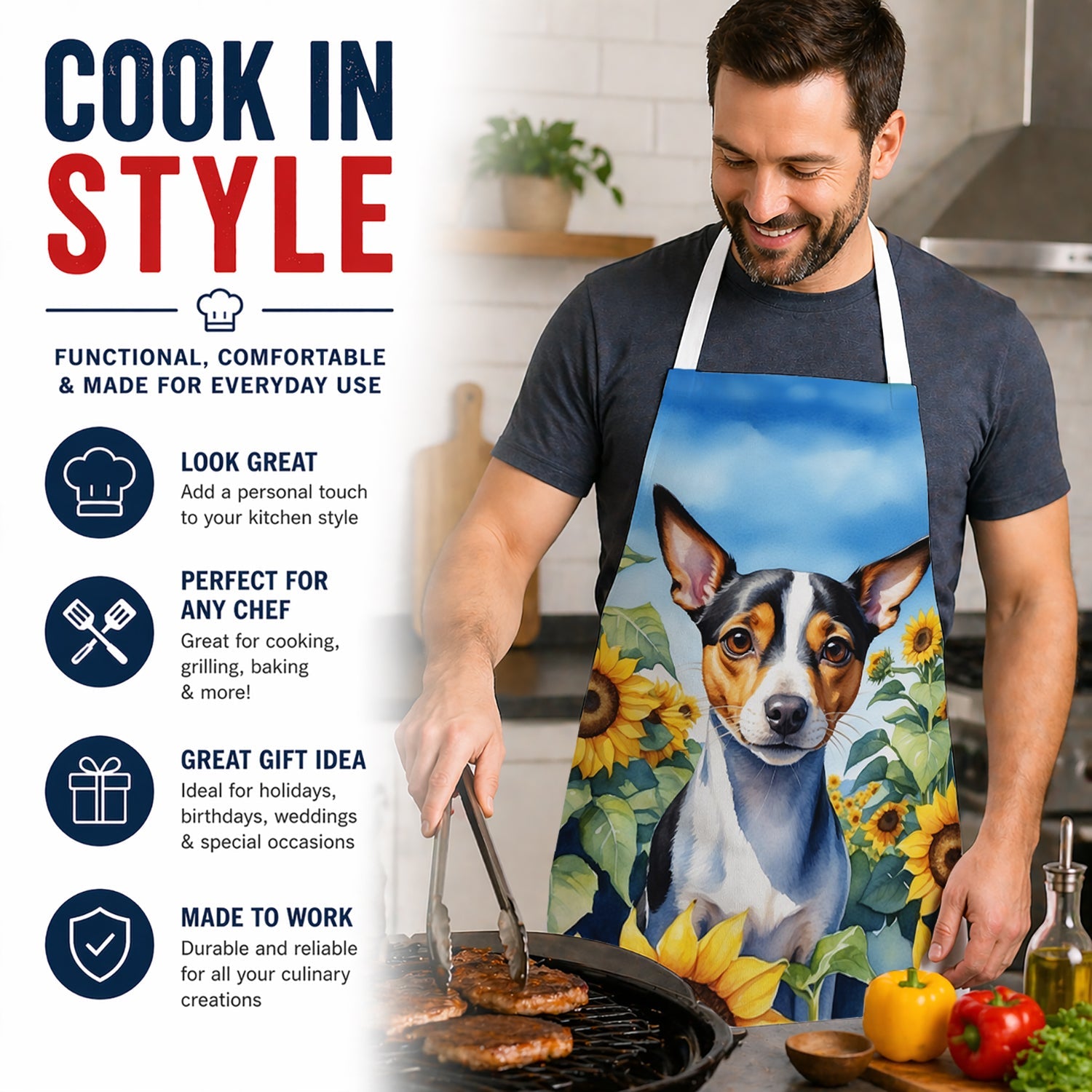 Rat Terrier in Sunflowers Apron Cooking Kitchen Server Baking Crafts Gardening for Adult Women Men, Unisex, Large, Multicolor