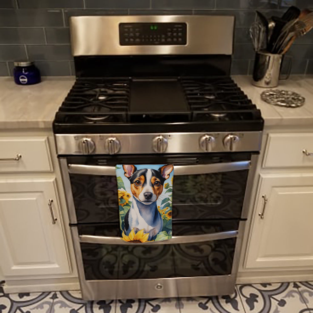 Rat Terrier in Sunflowers Kitchen Towel Velour Plush Front and Cotton Loop Back Machine Washable