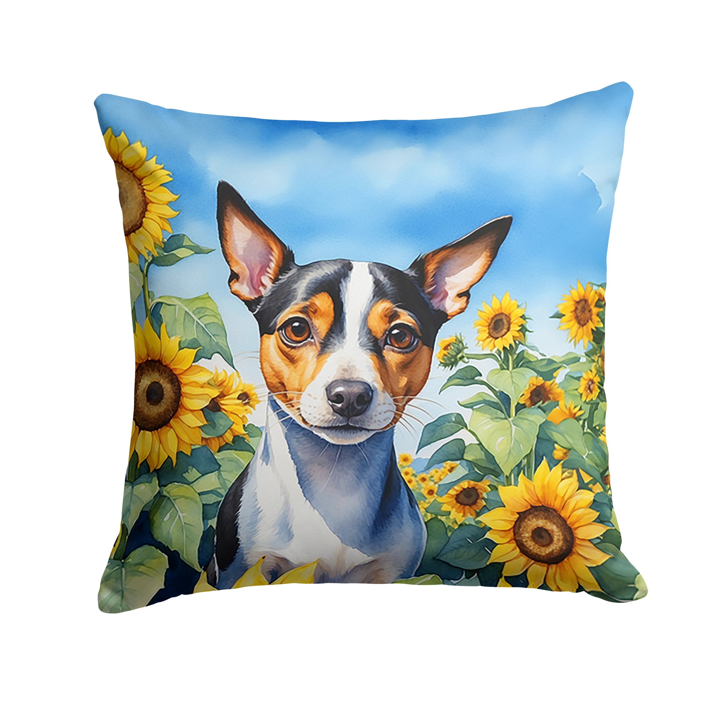 Rat Terrier in Sunflowers Decorative Throw Pillow 18x18 Indoor Outdoor Accent Cushion, Fabric Cover with Insert for Sofa, Bed, Porch & Living Room