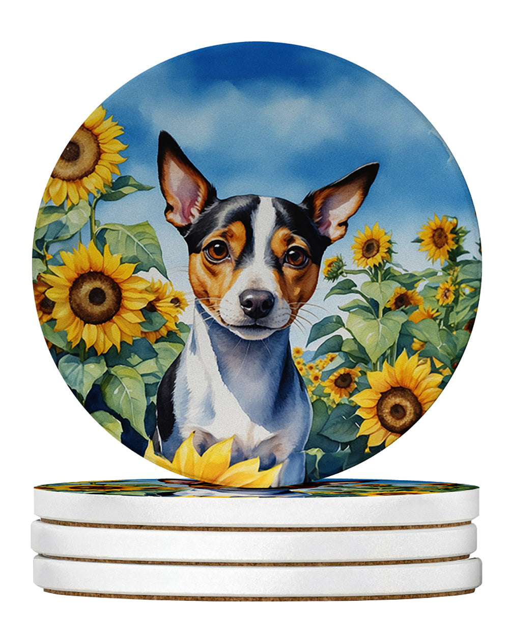 Rat Terrier in Sunflowers Large Sandstone Coasters Pack of 4 Absorbent Round Coasters Decor Gifts for Men or Women, 4 in, Multicolor