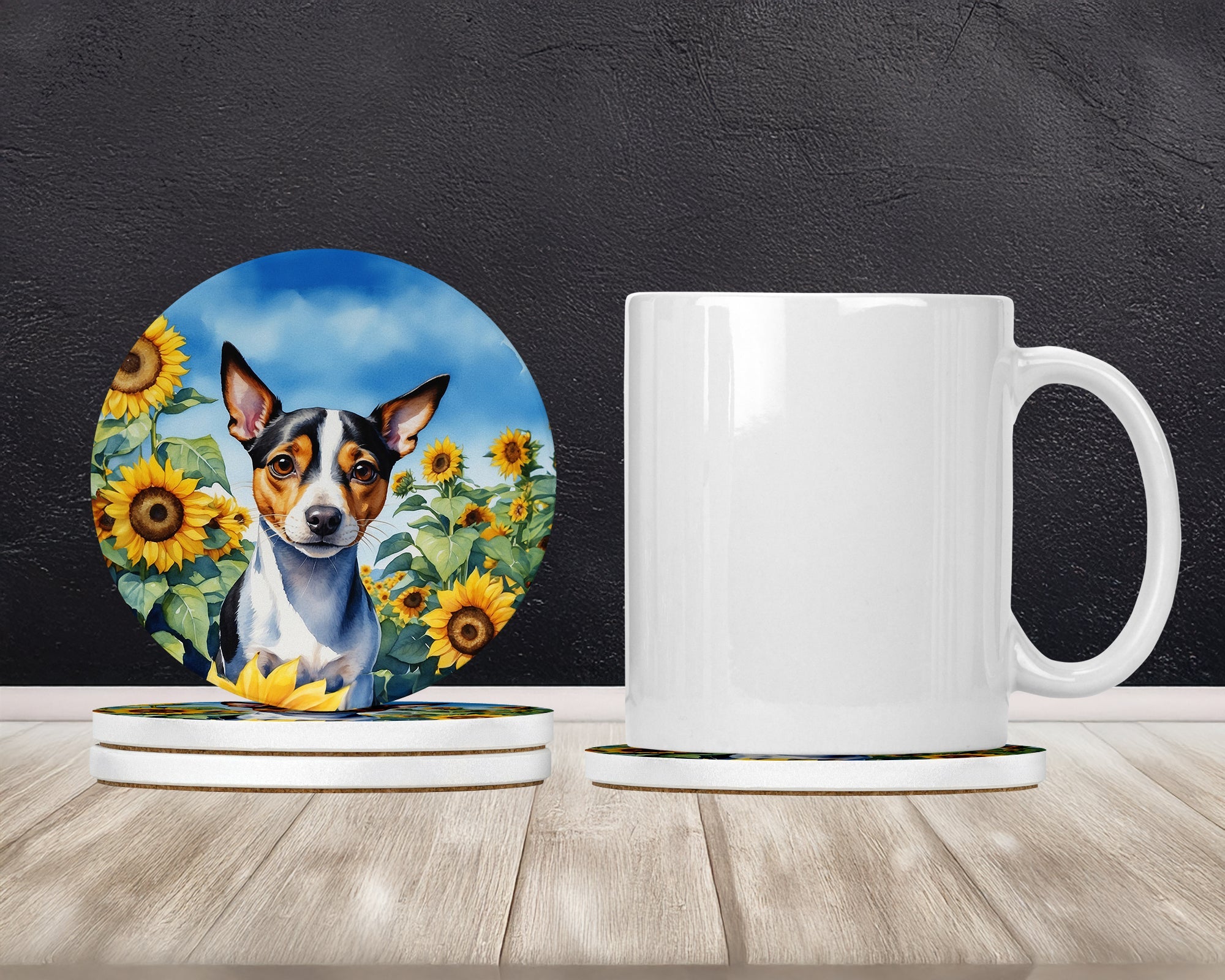 Rat Terrier in Sunflowers Large Sandstone Coasters Pack of 4 Absorbent Round Coasters Decor Gifts for Men or Women, 4 in, Multicolor