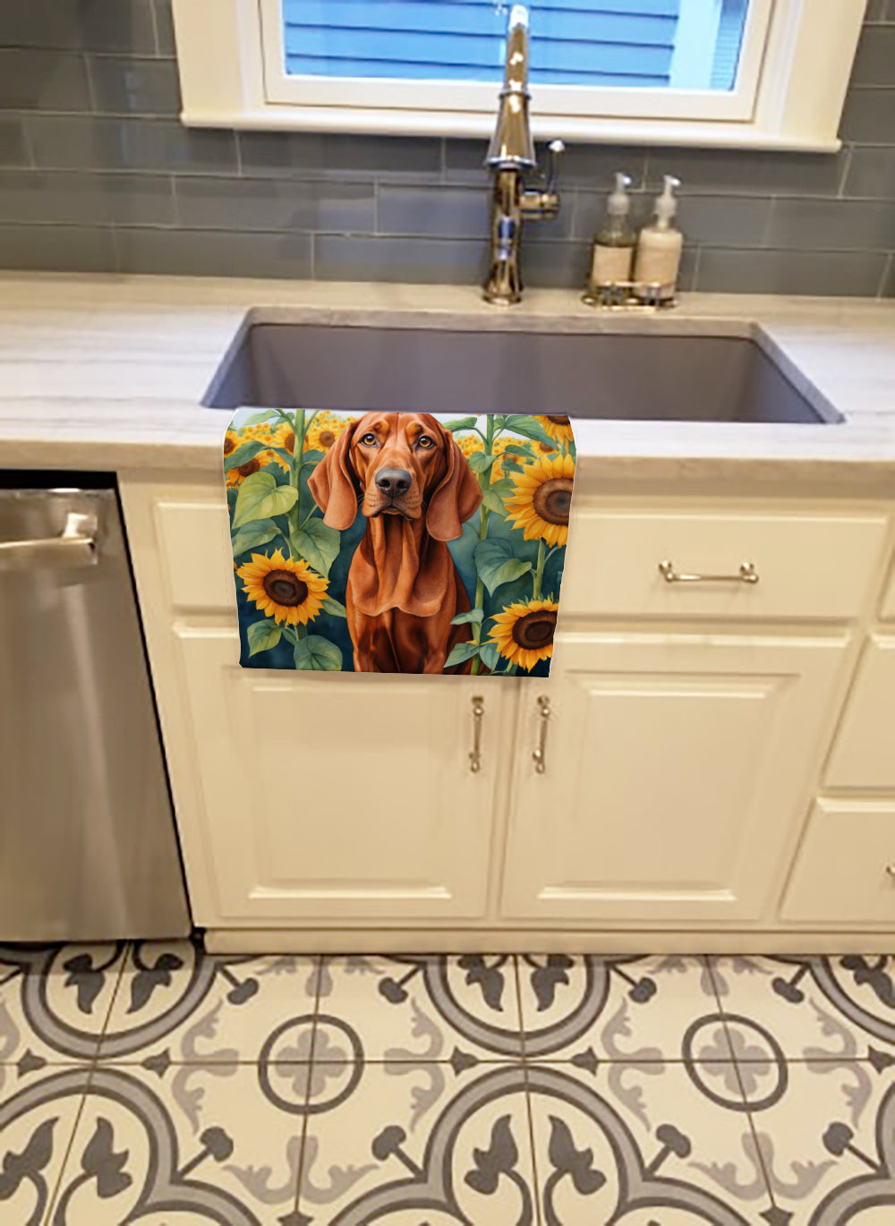 Redbone Coonhound in Sunflowers Kitchen Towel Velour Plush Front and Cotton Loop Back Machine Washable
