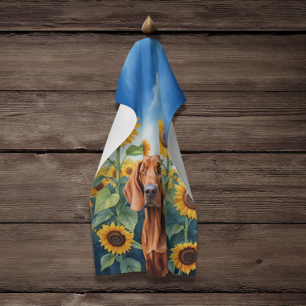 Redbone Coonhound in Sunflowers Kitchen Towel Velour Plush Front and Cotton Loop Back Machine Washable