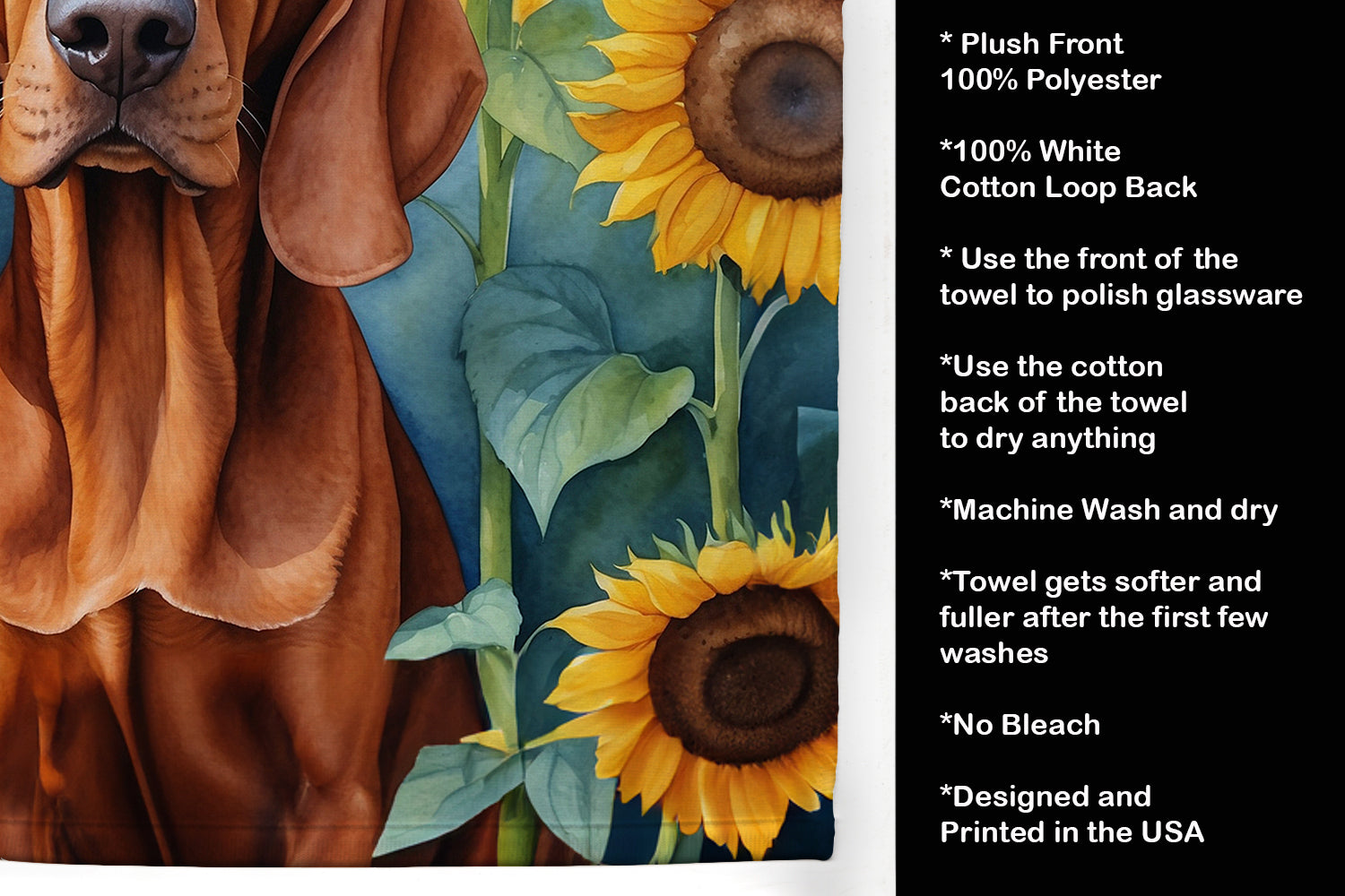 Redbone Coonhound in Sunflowers Kitchen Towel Velour Plush Front and Cotton Loop Back Machine Washable