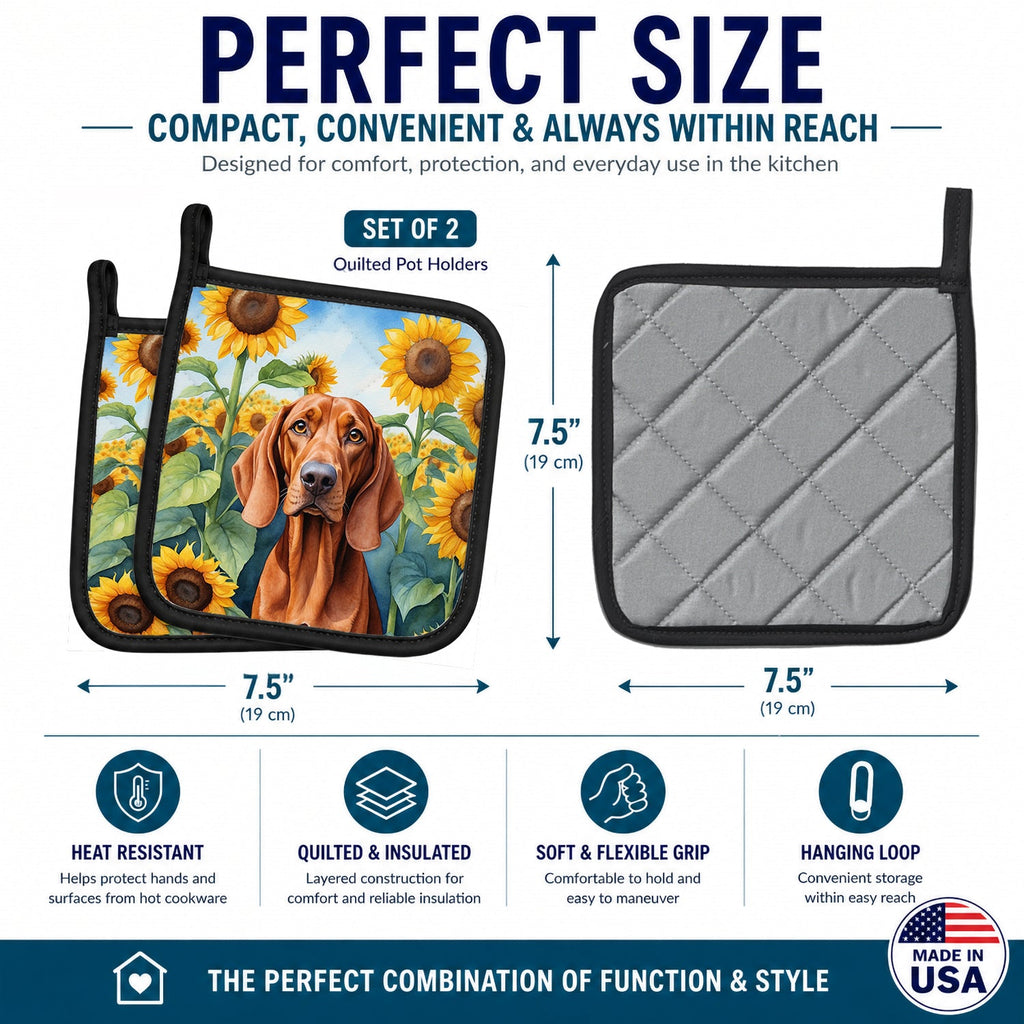 Redbone Coonhound in Sunflowers Pot Holder Set of 2 Heat Resistant Quilted Hot Pads 7.5 x 7.5 Inch, Insulated Kitchen Trivets for Cooking & Baking