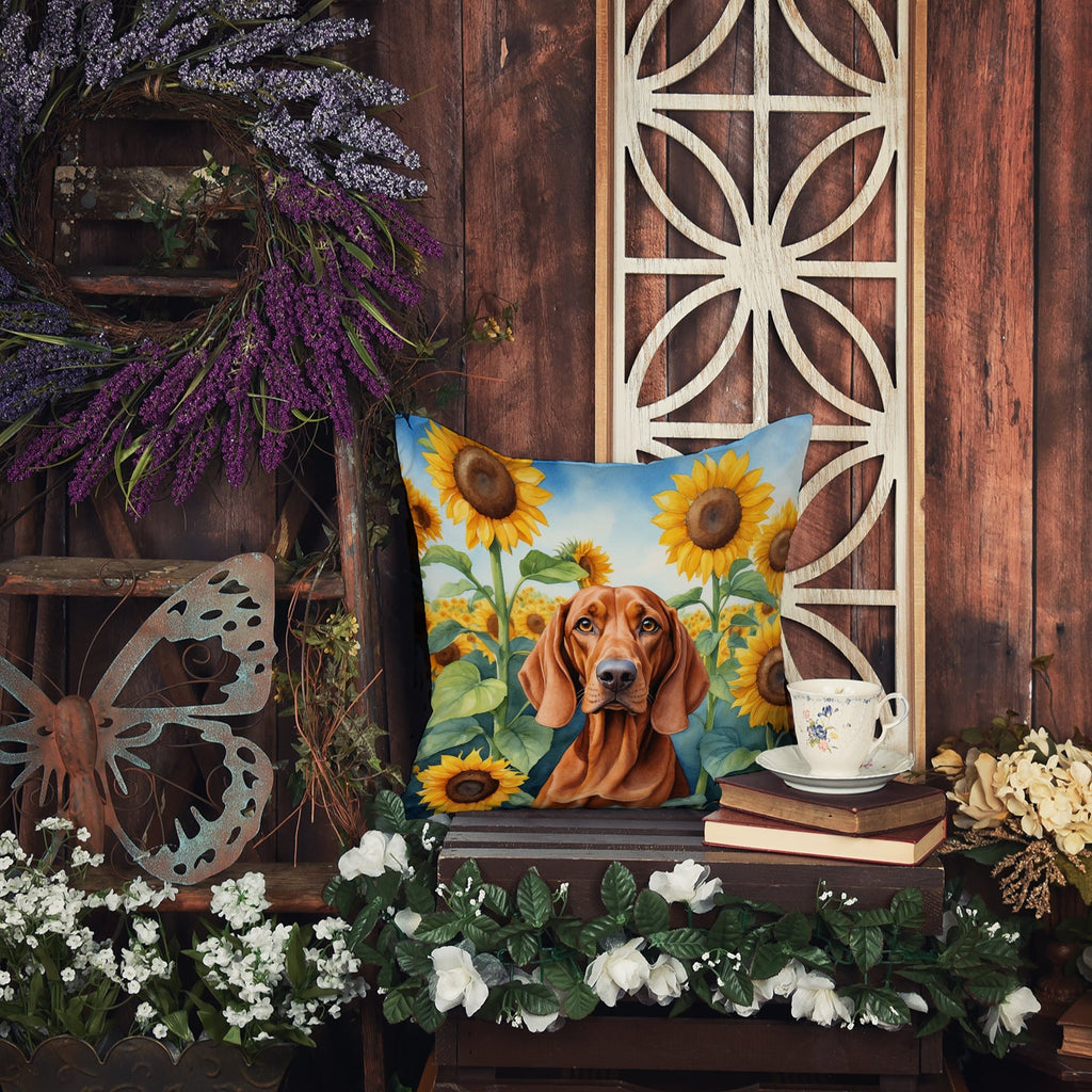 Redbone Coonhound in Sunflowers Decorative Throw Pillow 14x14 Indoor Outdoor Accent Cushion, Fabric Cover with Insert for Sofa, Bed, Porch & Living Room