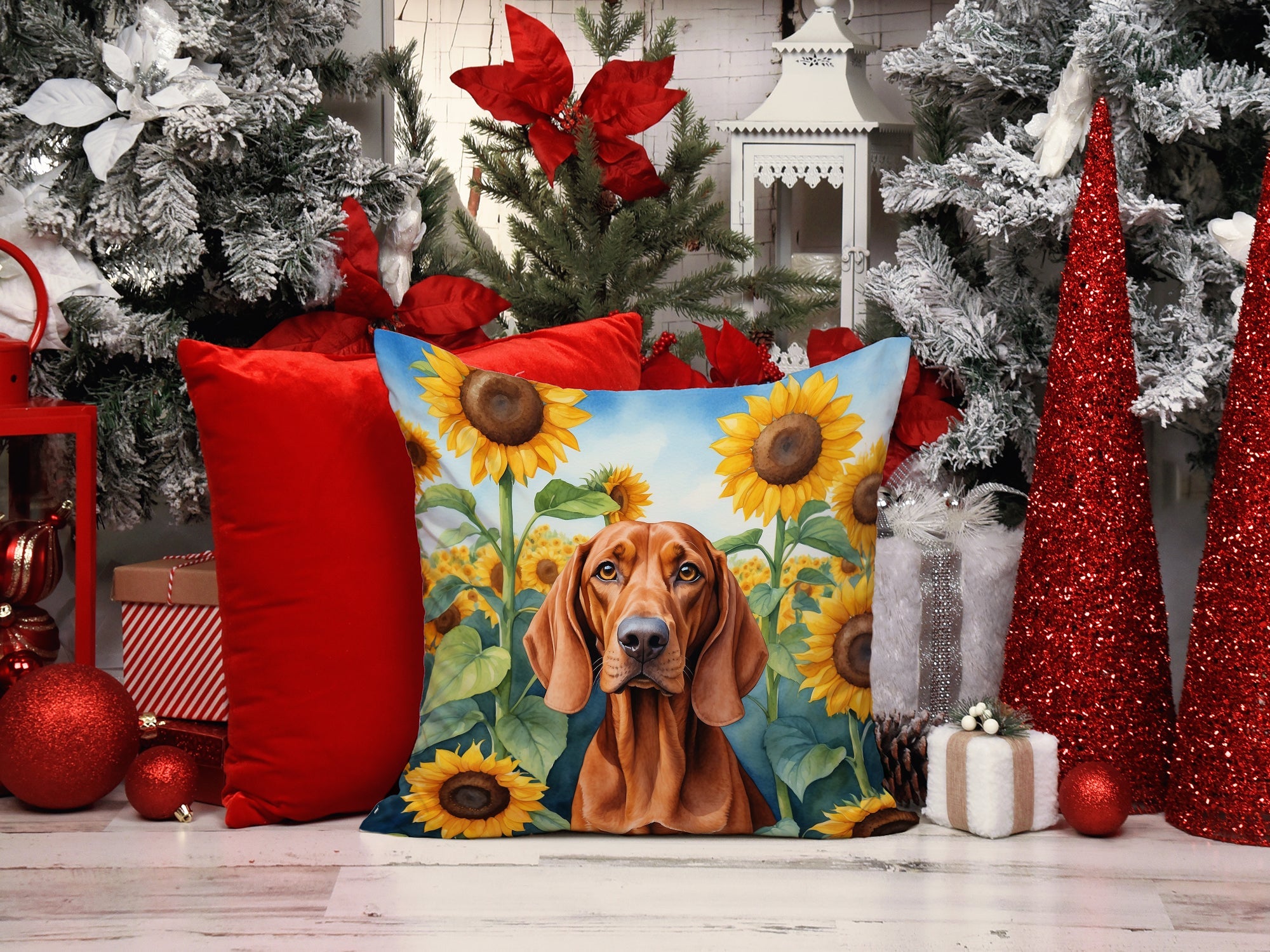 Redbone Coonhound in Sunflowers Decorative Throw Pillow 14x14 Indoor Outdoor Accent Cushion, Fabric Cover with Insert for Sofa, Bed, Porch & Living Room