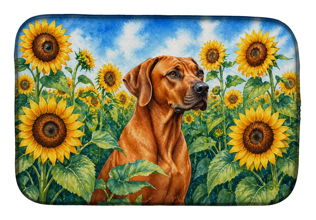 Rhodesian Ridgeback in Sunflowers Dish Drying Mat Absorbent Dish Drying Mat Pad for Kitchen Counter Dish Drainer Mat for Countertop, 14 x 21", Multicolor