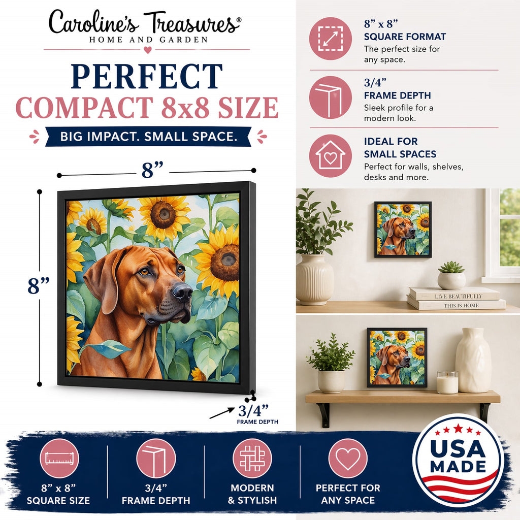 Rhodesian Ridgeback in Sunflowers Framed Metal Print Bathroom, Kitchen, Office, Home Decor Wall Art Ready to Hang, Square, 8X8