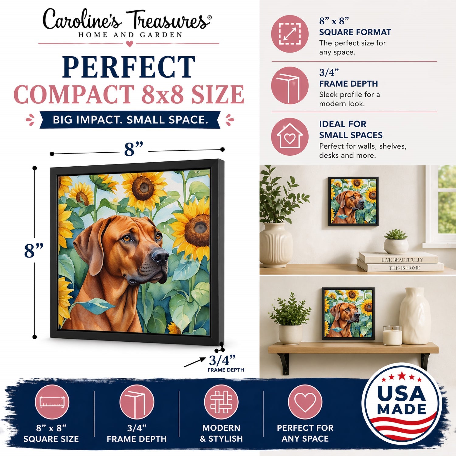 Rhodesian Ridgeback in Sunflowers Framed Metal Print Bathroom, Kitchen, Office, Home Decor Wall Art Ready to Hang, Square, 8X8