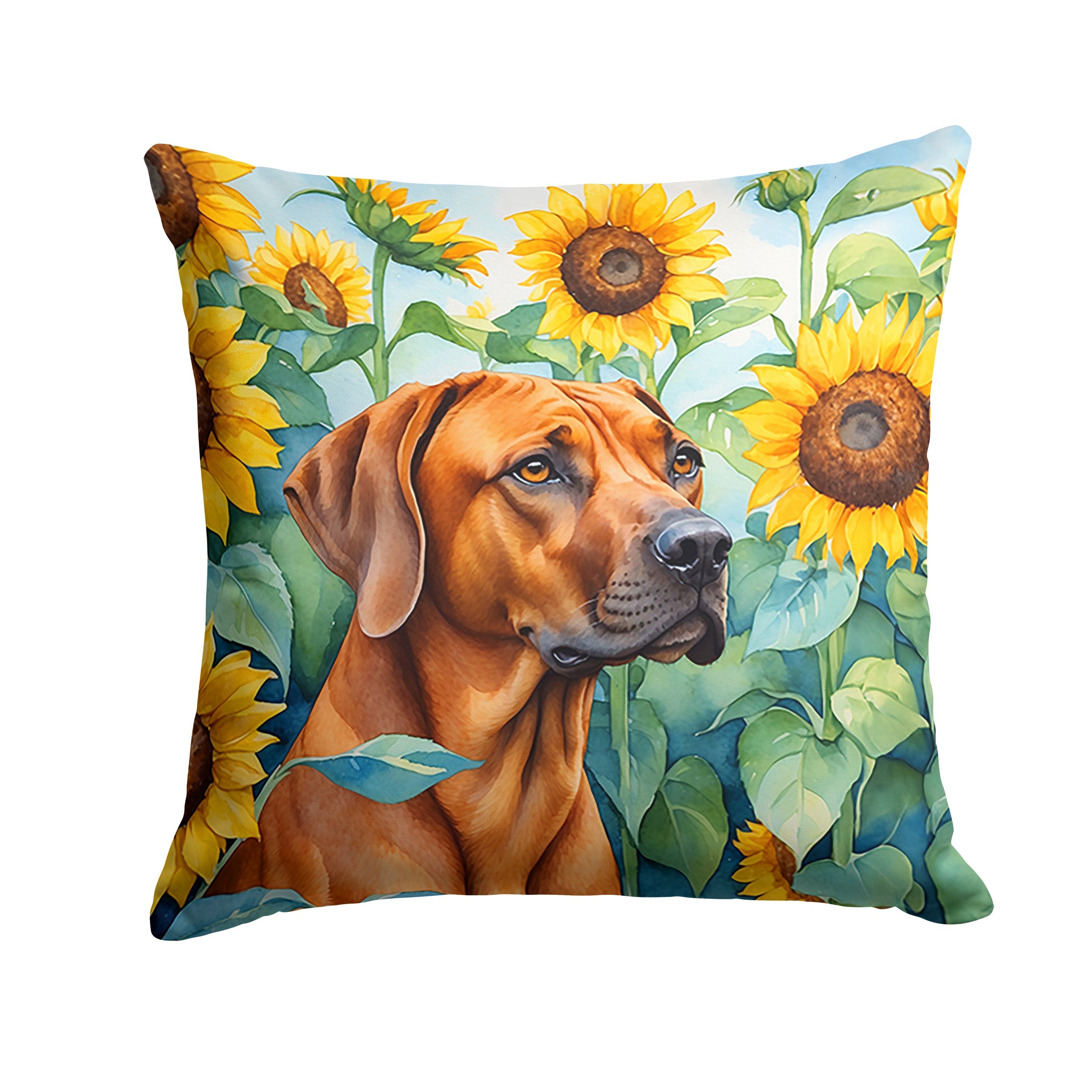 Rhodesian Ridgeback in Sunflowers Decorative Throw Pillow 14x14 Indoor Outdoor Accent Cushion, Fabric Cover with Insert for Sofa, Bed, Porch & Living Room