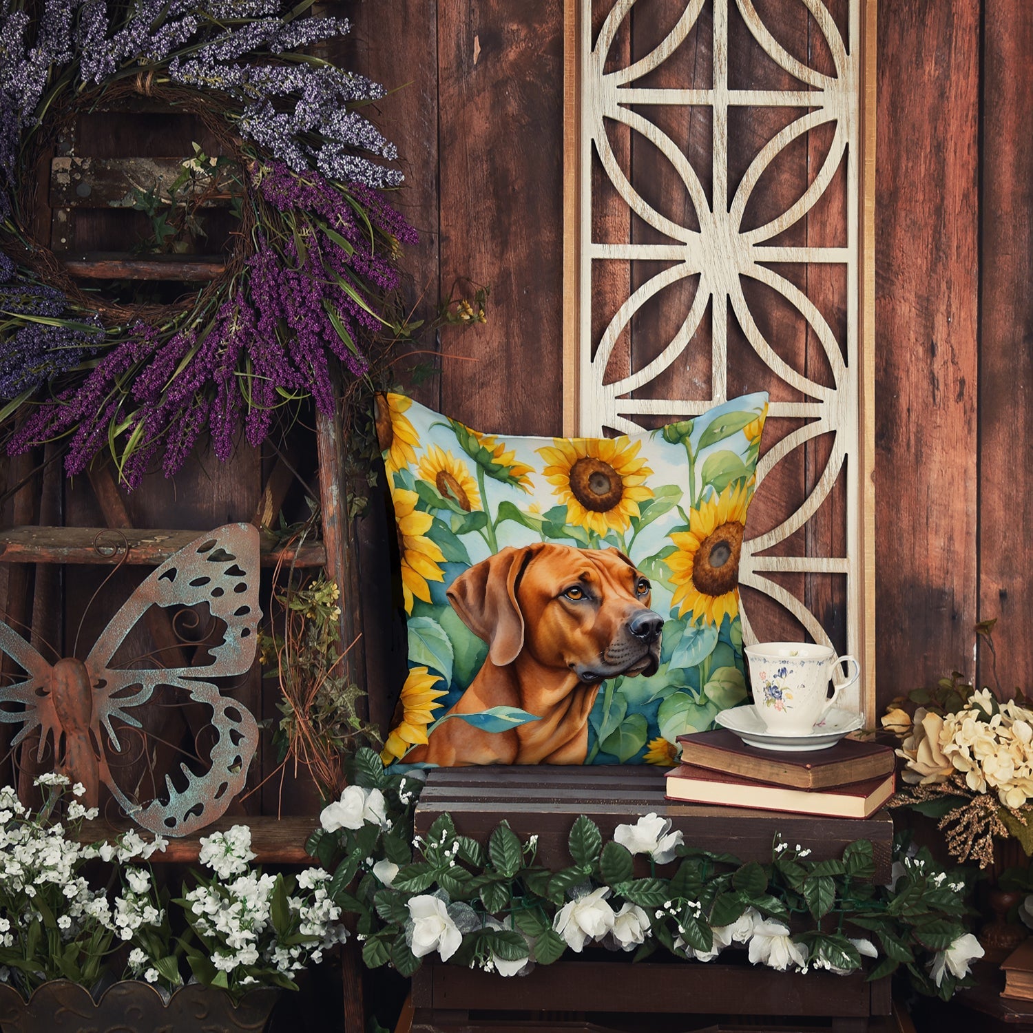 Rhodesian Ridgeback in Sunflowers Decorative Throw Pillow 18x18 Indoor Outdoor Accent Cushion, Fabric Cover with Insert for Sofa, Bed, Porch & Living Room