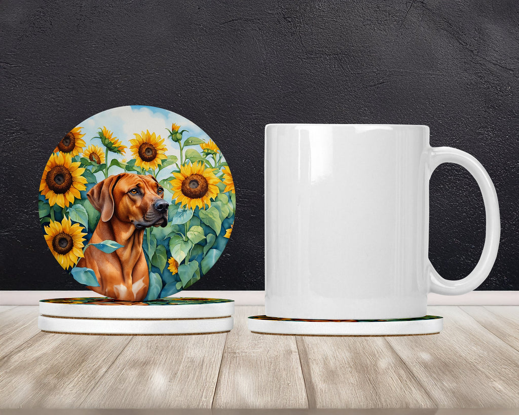 Rhodesian Ridgeback in Sunflowers Large Sandstone Coasters Pack of 4 Absorbent Round Coasters Decor Gifts for Men or Women, 4 in, Multicolor