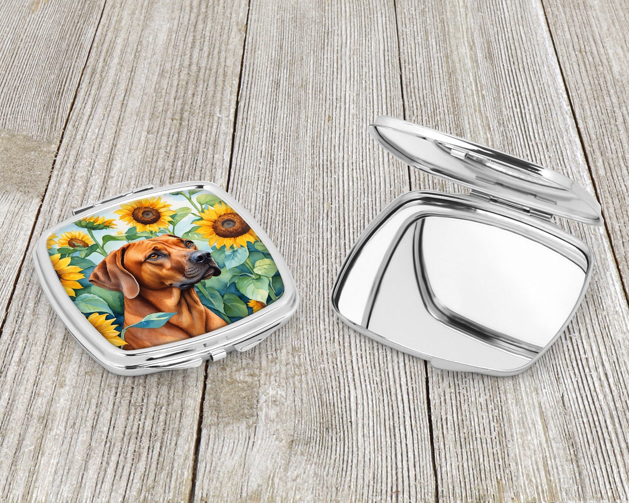 Rhodesian Ridgeback in Sunflowers Compact Mirror Decorative Travel Makeup Mirror for Women Girls Gifts Pocket Makeup Mirror Folding Handheld
