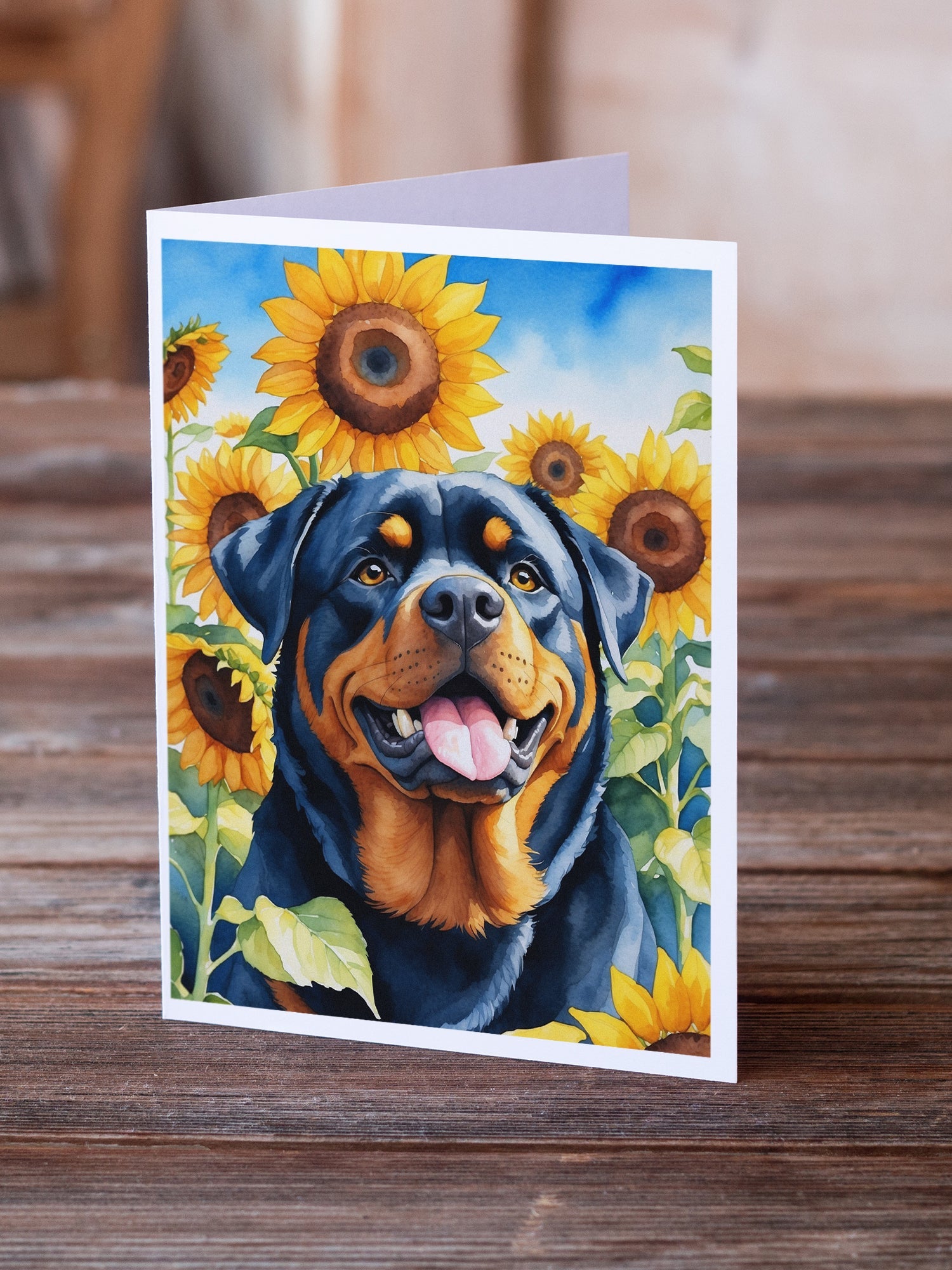 Rottweiler in Sunflowers Greeting Cards Pack of 8 Blank Cards with Envelopes Whimsical A7 Size 5x7