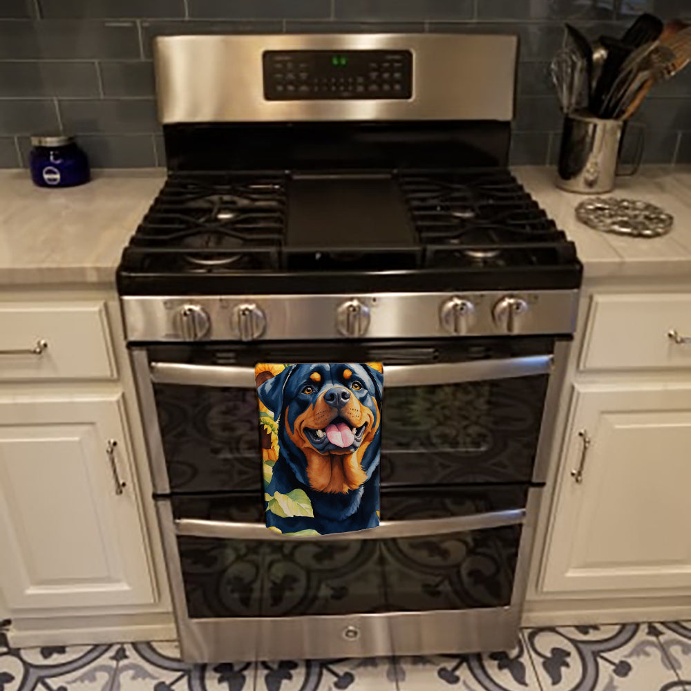 Rottweiler in Sunflowers Kitchen Towel Velour Plush Front and Cotton Loop Back Machine Washable