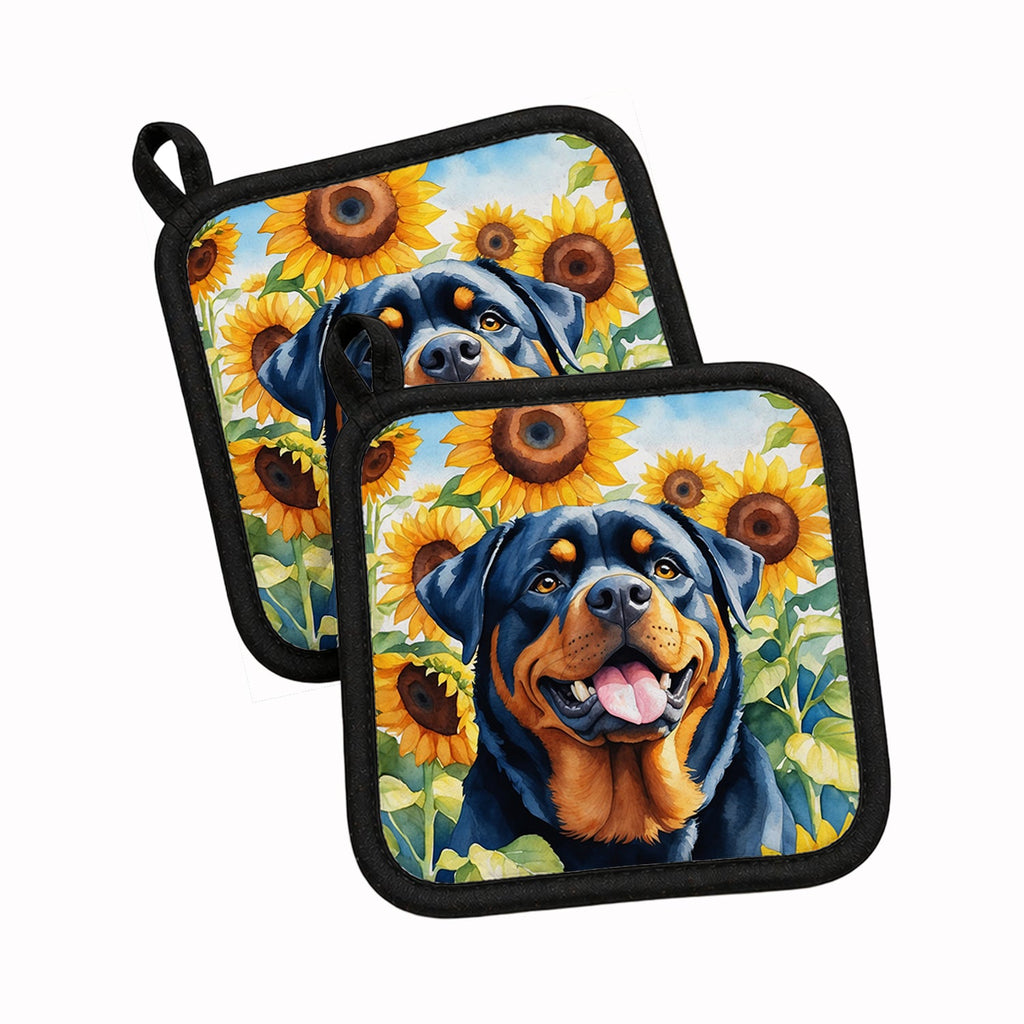 Rottweiler in Sunflowers Pot Holder Set of 2 Heat Resistant Quilted Hot Pads 7.5 x 7.5 Inch, Insulated Kitchen Trivets for Cooking & Baking