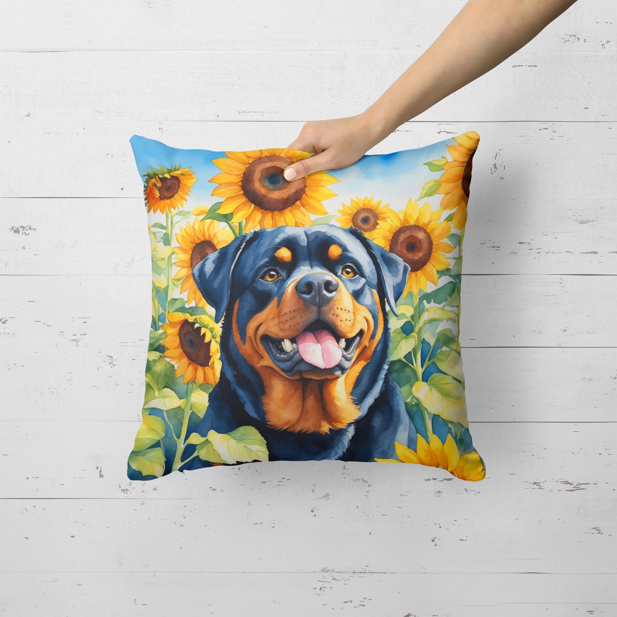 Rottweiler in Sunflowers Decorative Throw Pillow 18x18 Indoor Outdoor Accent Cushion, Fabric Cover with Insert for Sofa, Bed, Porch & Living Room