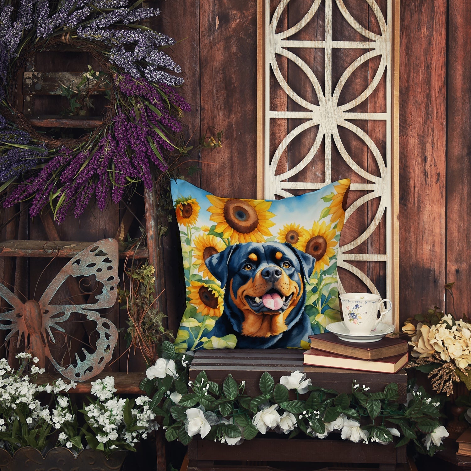 Rottweiler in Sunflowers Decorative Throw Pillow 18x18 Indoor Outdoor Accent Cushion, Fabric Cover with Insert for Sofa, Bed, Porch & Living Room