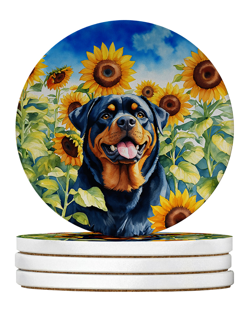 Rottweiler in Sunflowers Large Sandstone Coasters Pack of 4 Absorbent Round Coasters Decor Gifts for Men or Women, 4 in, Multicolor