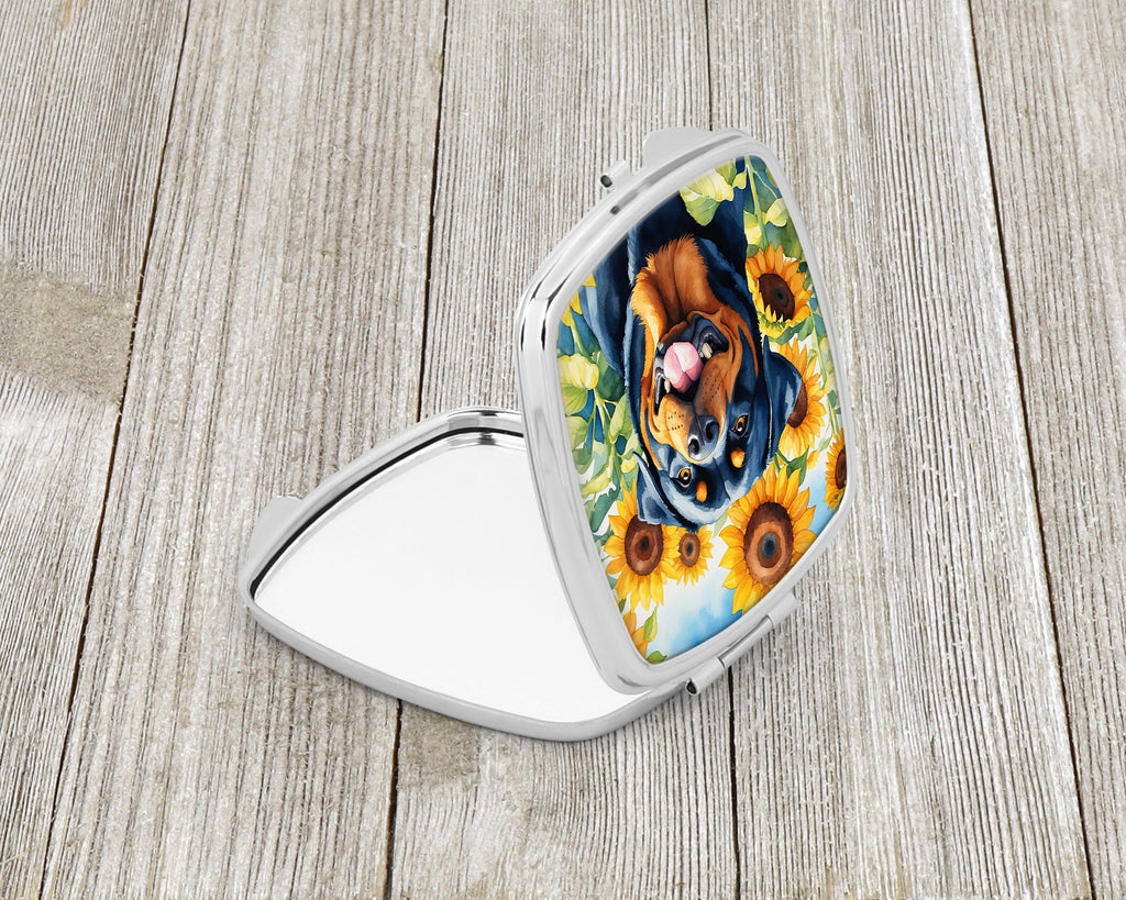 Rottweiler in Sunflowers Compact Mirror Decorative Travel Makeup Mirror for Women Girls Gifts Pocket Makeup Mirror Folding Handheld