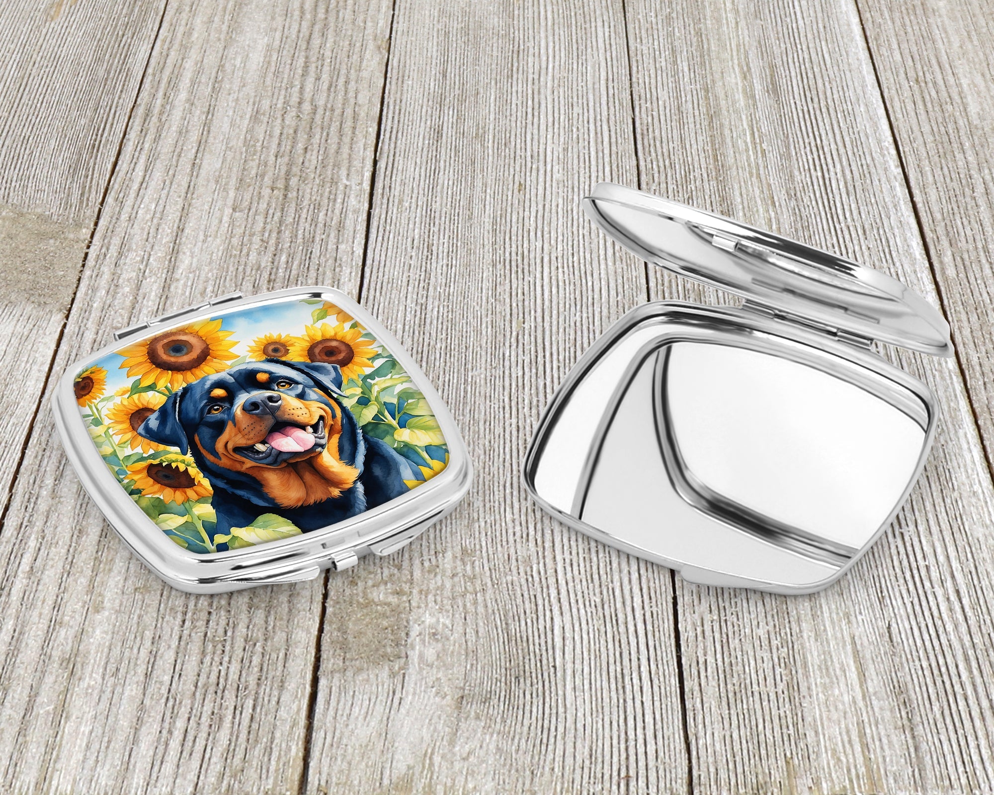Rottweiler in Sunflowers Compact Mirror Decorative Travel Makeup Mirror for Women Girls Gifts Pocket Makeup Mirror Folding Handheld