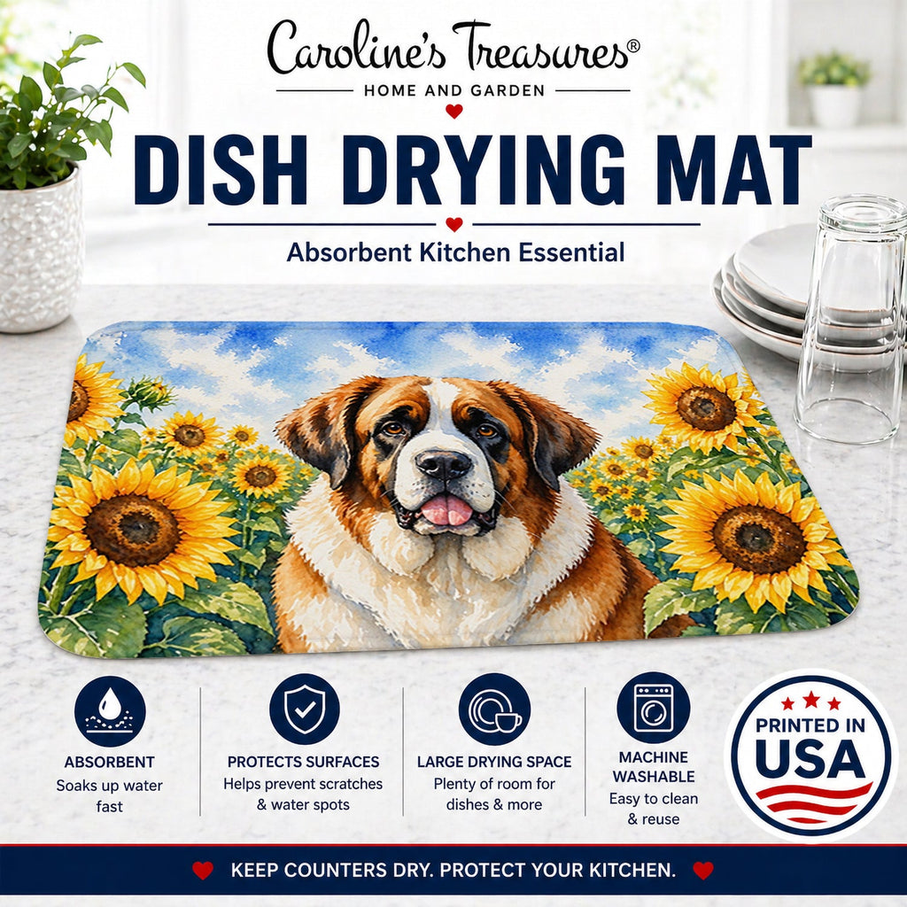 Saint Bernard in Sunflowers Dish Drying Mat Absorbent Dish Drying Mat Pad for Kitchen Counter Dish Drainer Mat for Countertop, 14 x 21", Multicolor