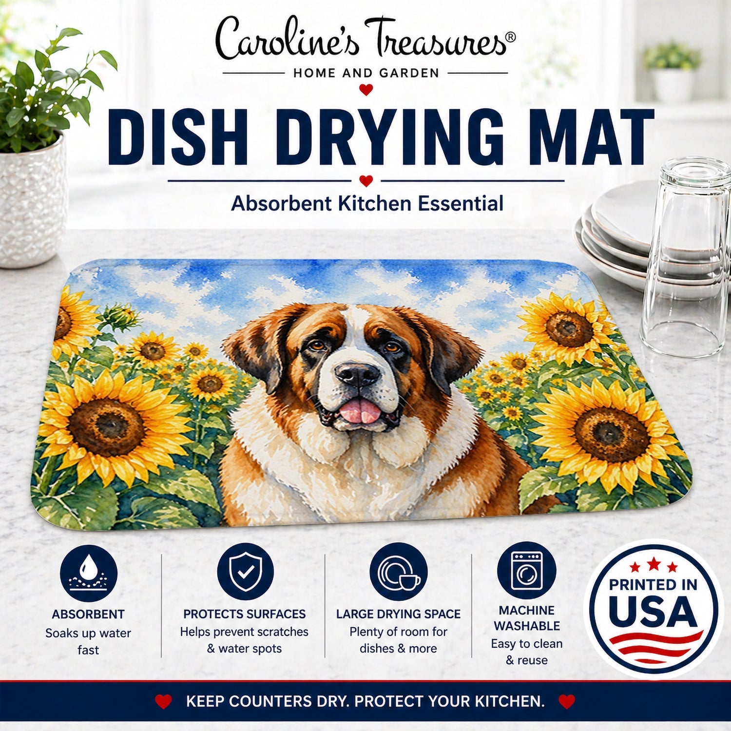 Saint Bernard in Sunflowers Dish Drying Mat Absorbent Dish Drying Mat Pad for Kitchen Counter Dish Drainer Mat for Countertop, 14 x 21", Multicolor