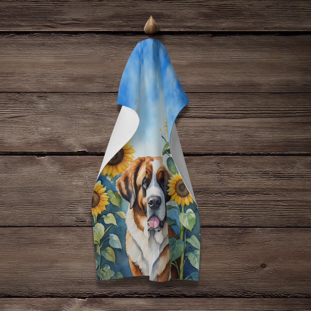 Saint Bernard in Sunflowers Kitchen Towel Velour Plush Front and Cotton Loop Back Machine Washable