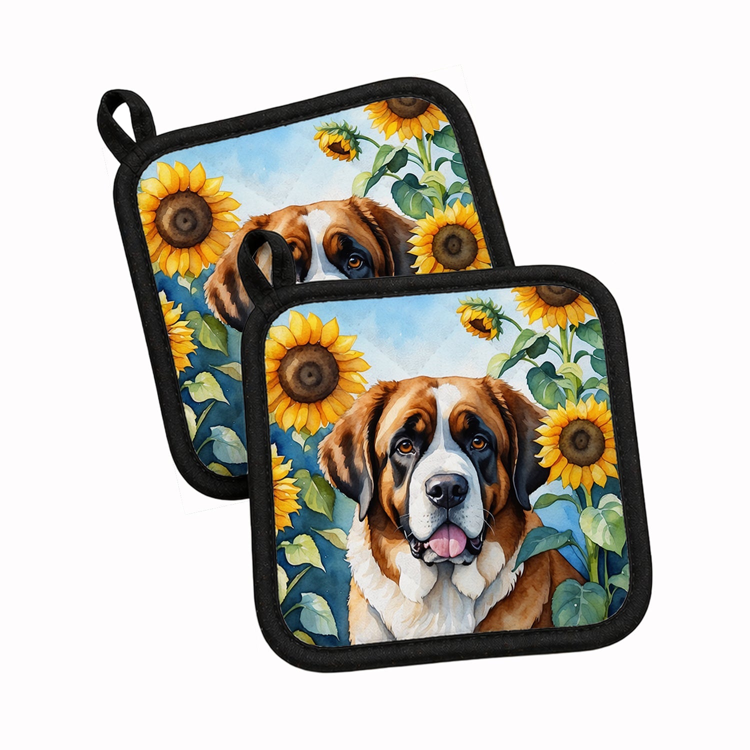 Saint Bernard in Sunflowers Pot Holder Set of 2 Heat Resistant Quilted Hot Pads 7.5 x 7.5 Inch, Insulated Kitchen Trivets for Cooking & Baking