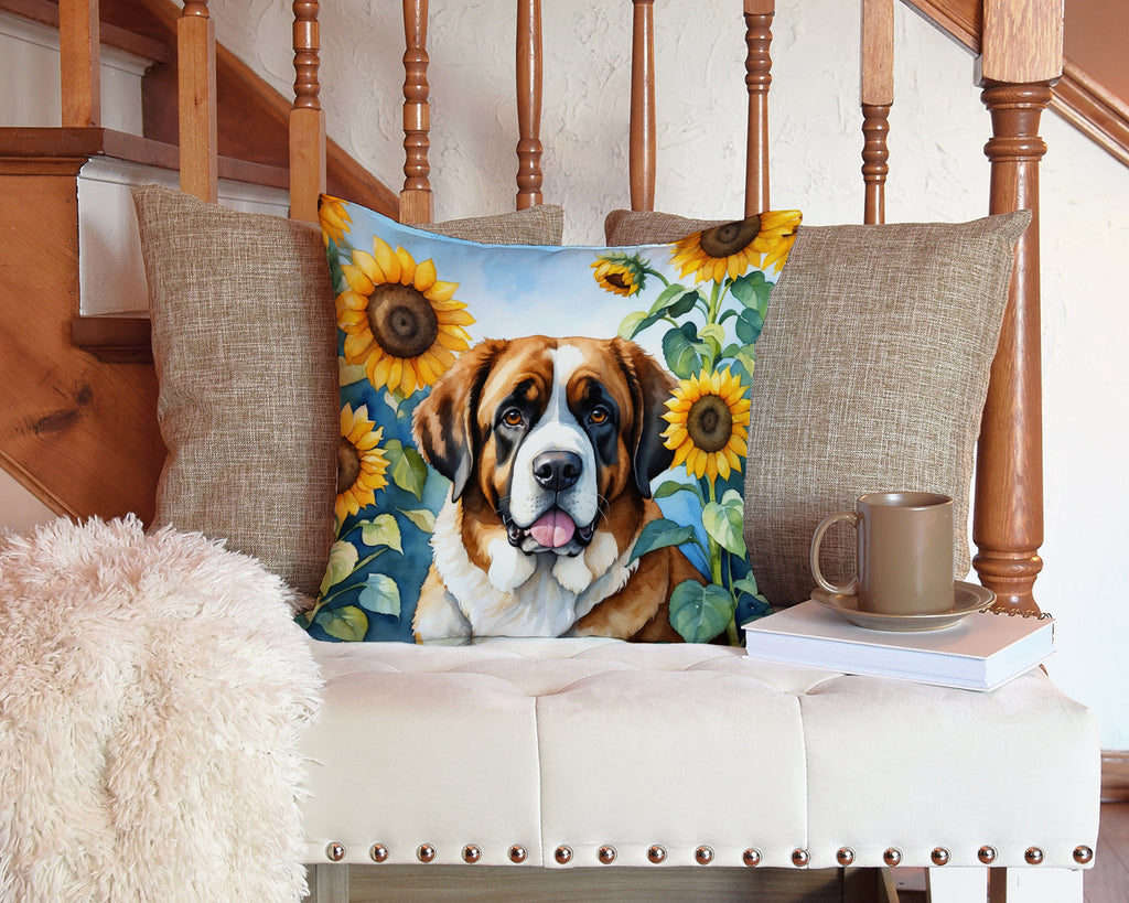 Saint Bernard in Sunflowers Decorative Throw Pillow 14x14 Indoor Outdoor Accent Cushion, Fabric Cover with Insert for Sofa, Bed, Porch & Living Room
