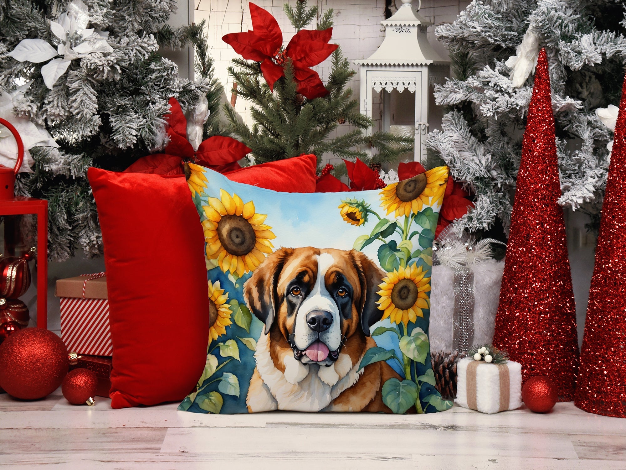 Saint Bernard in Sunflowers Decorative Throw Pillow 14x14 Indoor Outdoor Accent Cushion, Fabric Cover with Insert for Sofa, Bed, Porch & Living Room