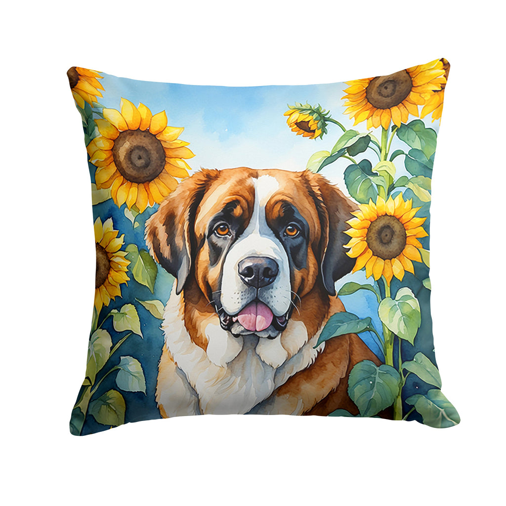 Saint Bernard in Sunflowers Decorative Throw Pillow 18x18 Indoor Outdoor Accent Cushion, Fabric Cover with Insert for Sofa, Bed, Porch & Living Room