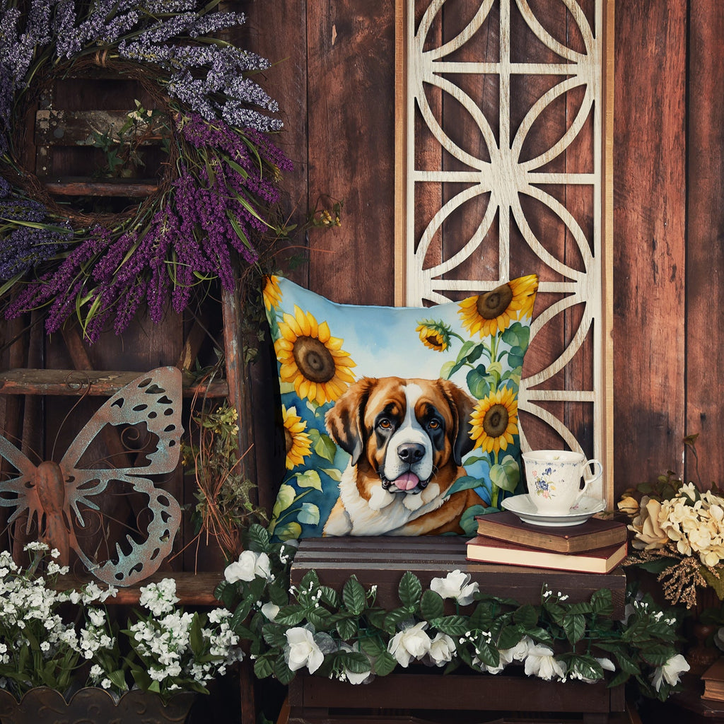 Saint Bernard in Sunflowers Decorative Throw Pillow 18x18 Indoor Outdoor Accent Cushion, Fabric Cover with Insert for Sofa, Bed, Porch & Living Room