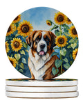 Saint Bernard in Sunflowers Large Sandstone Coasters Pack of 4 Absorbent Round Coasters Decor Gifts for Men or Women, 4 in, Multicolor