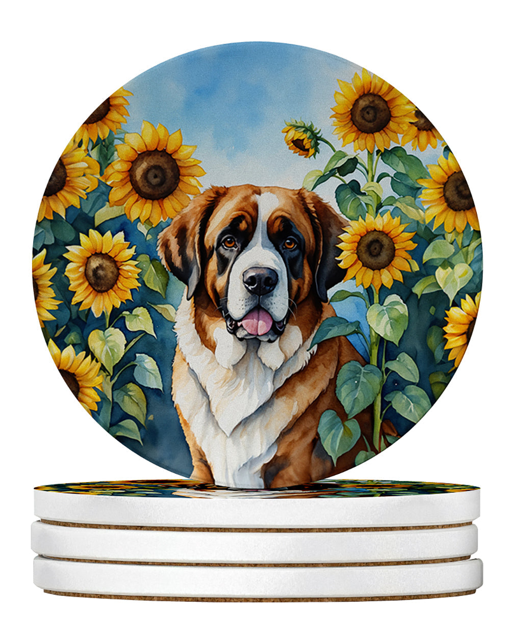 Saint Bernard in Sunflowers Large Sandstone Coasters Pack of 4 Absorbent Round Coasters Decor Gifts for Men or Women, 4 in, Multicolor