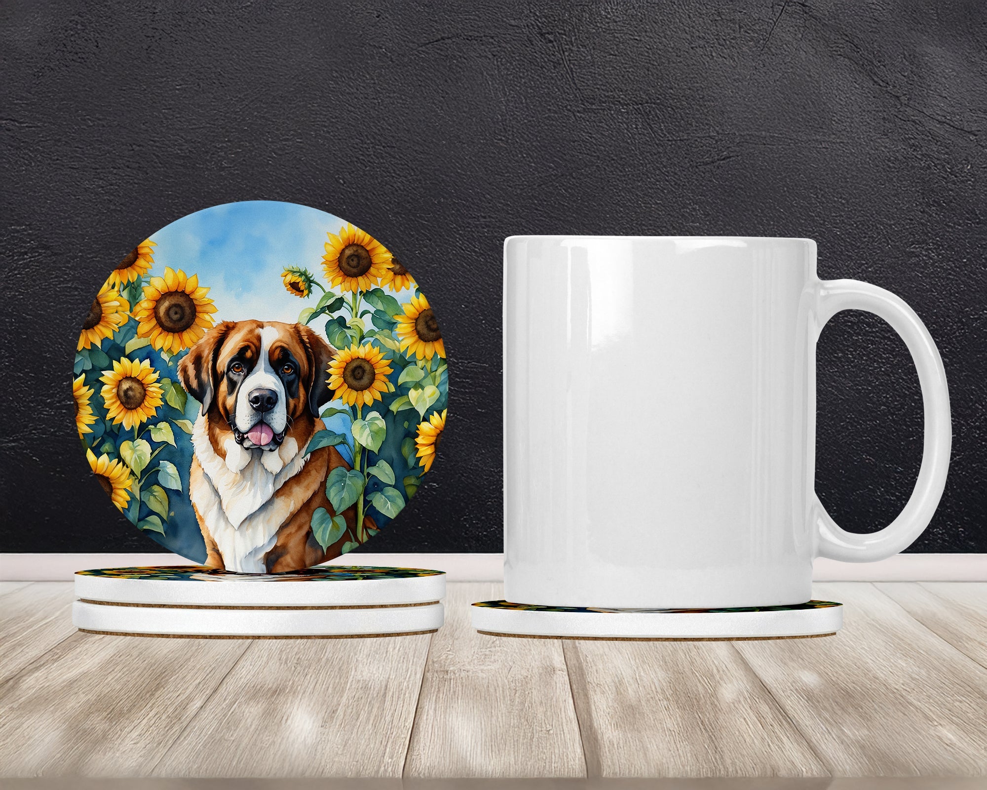 Saint Bernard in Sunflowers Large Sandstone Coasters Pack of 4 Absorbent Round Coasters Decor Gifts for Men or Women, 4 in, Multicolor